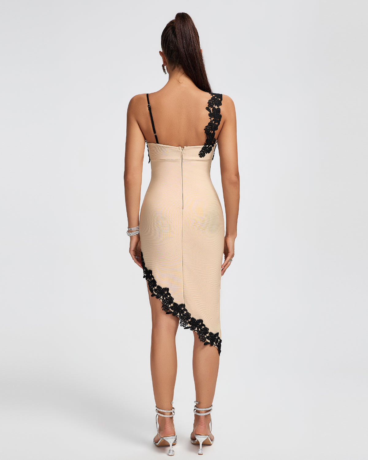 Philippa Delacroix — Irregular Lace-trim Midi Bandage Dress, alternate view 3