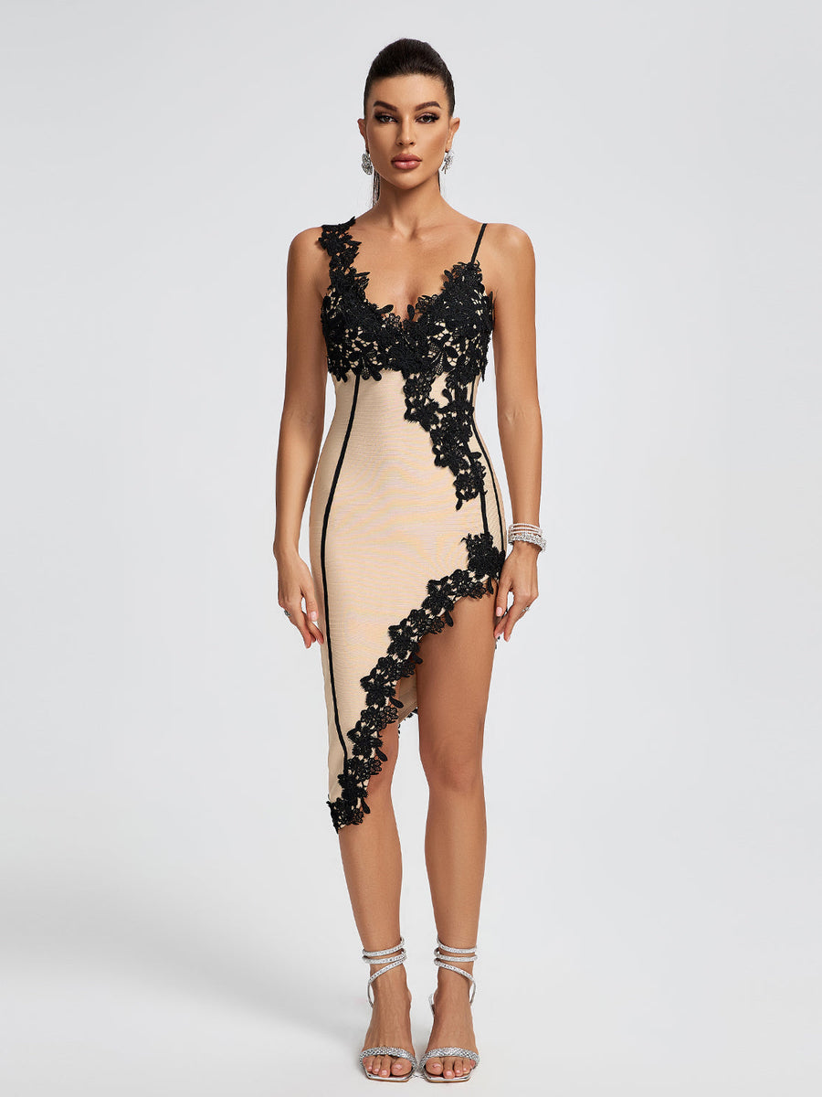 Irregular Lace-trim Midi Bandage Dress