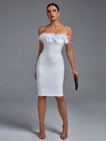 Elegant Strapless Midi Bandage Dress with Feather Accents - Opulent Empire