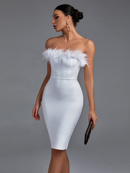 Elegant Strapless Midi Bandage Dress with Feather Accents