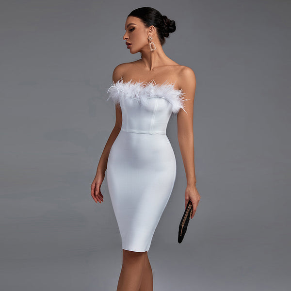 Elegant Strapless Midi Bandage Dress with Feather Accents