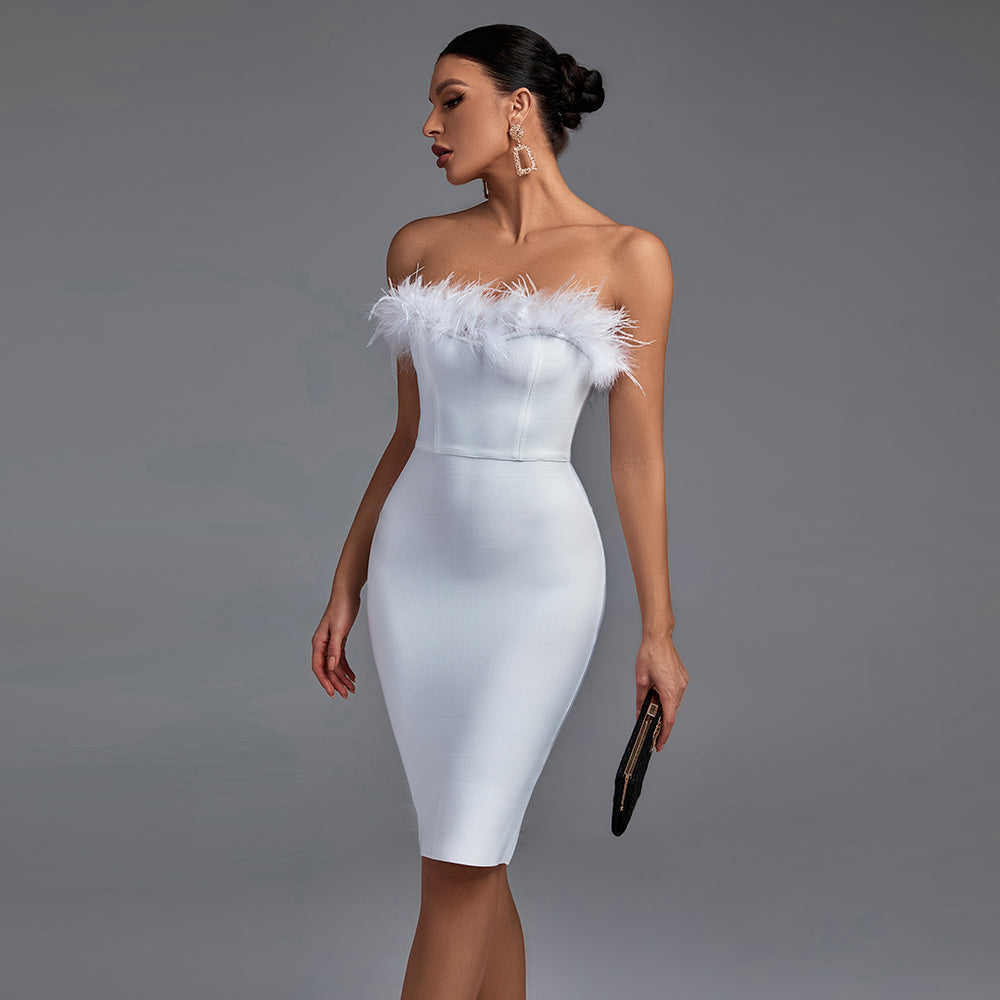 Verena Beaumont — Elegant Strapless Midi Bandage Dress with Feather Accents, alternate view 3