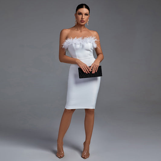 Elegant Strapless Midi Bandage Dress with Feather Accents - Opulent Empire