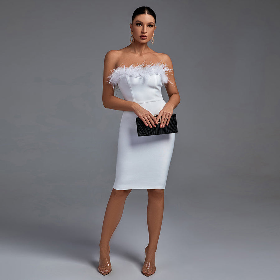 Verena Beaumont — Elegant Strapless Midi Bandage Dress with Feather Accents, alternate view 2