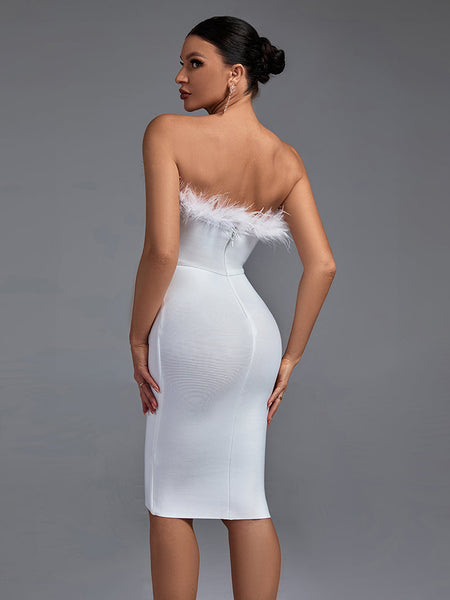 Elegant Strapless Midi Bandage Dress with Feather Accents