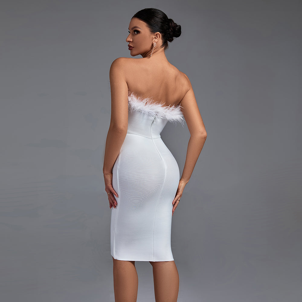 Elegant Strapless Midi Bandage Dress with Feather Accents