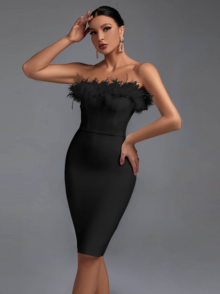 Elegant Strapless Midi Bandage Dress with Feather Accents