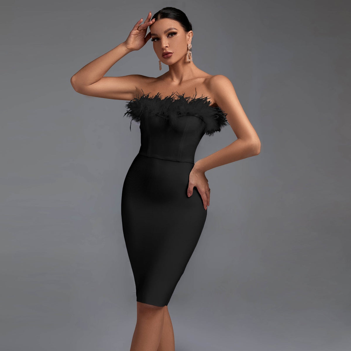 Elegant Strapless Midi Bandage Dress with Feather Accents