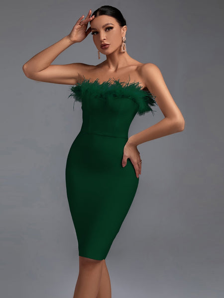 Elegant Strapless Midi Bandage Dress with Feather Accents