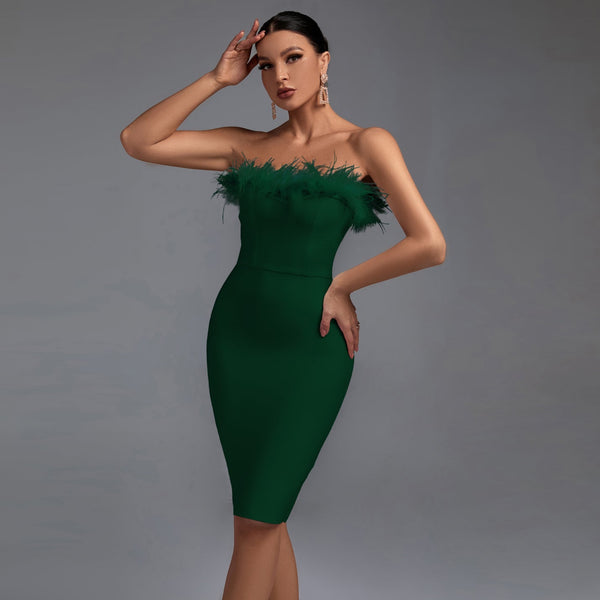 Elegant Strapless Midi Bandage Dress with Feather Accents