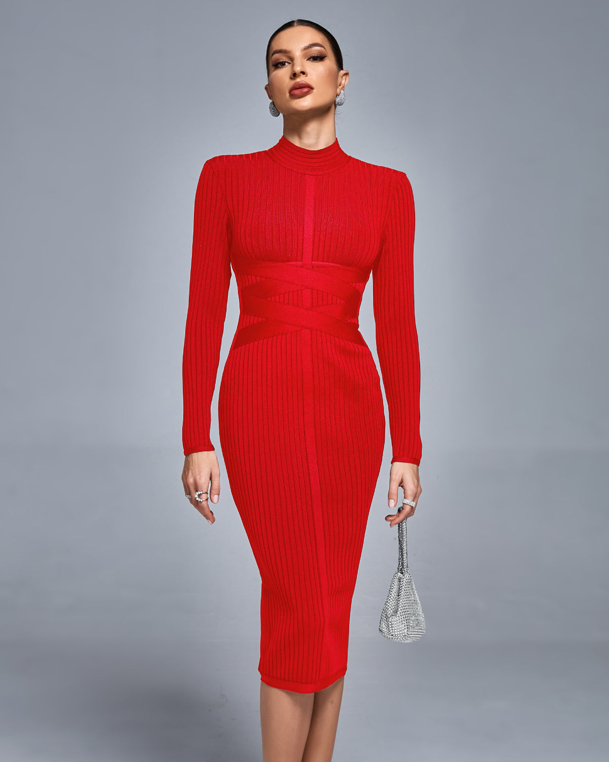 Yvette — Classic Cross Ribbed Bandage Midi Dress, alternate view 5