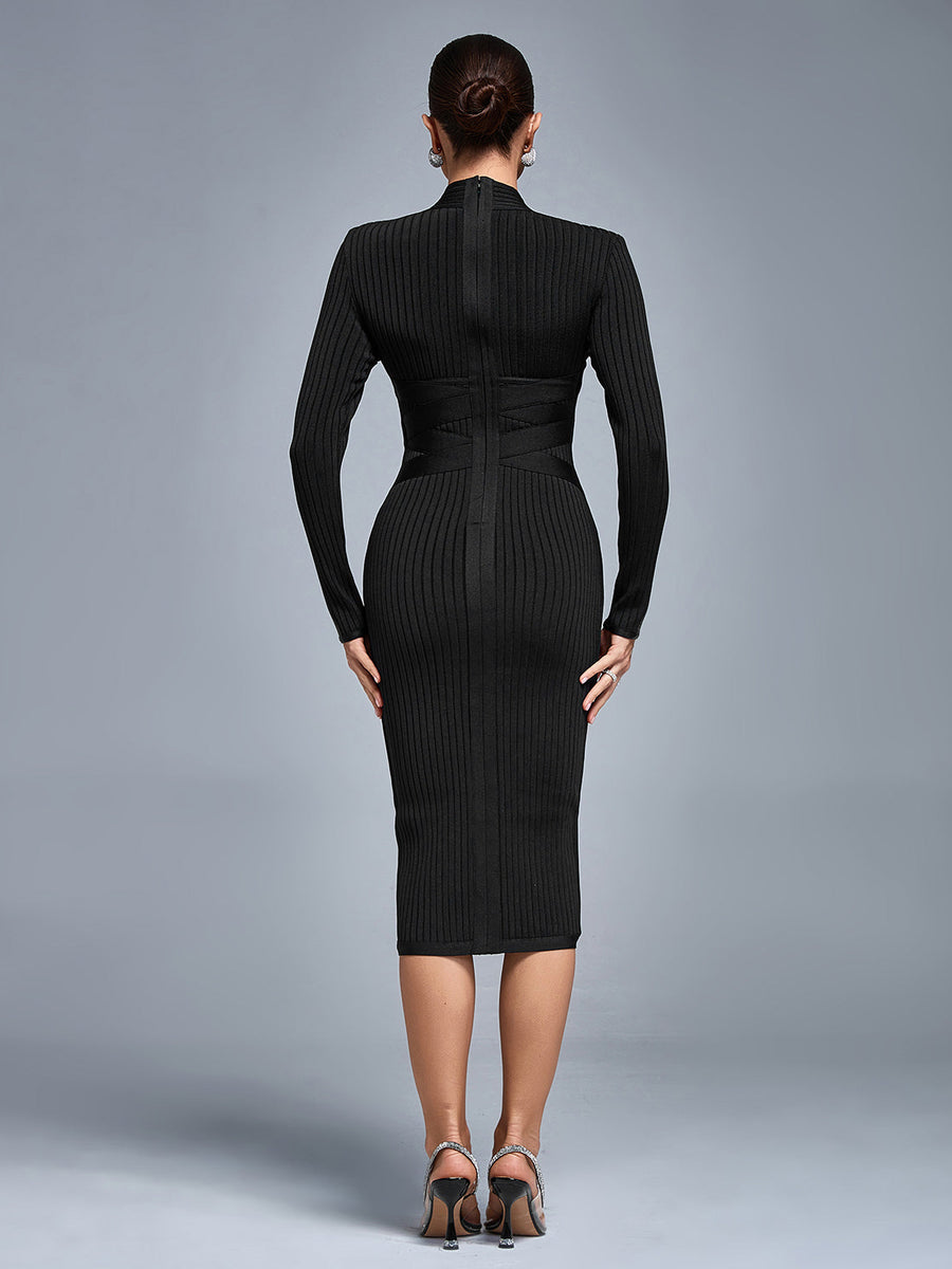 Classic Cross Ribbed Bandage Midi Dress