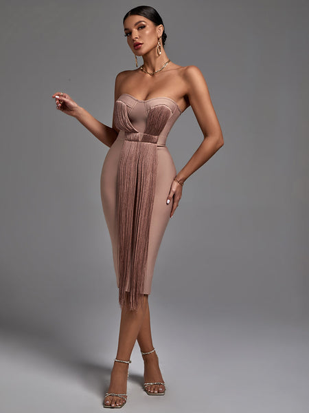 Chic Strapless Midi Bandage Dress with Stylish Tassels