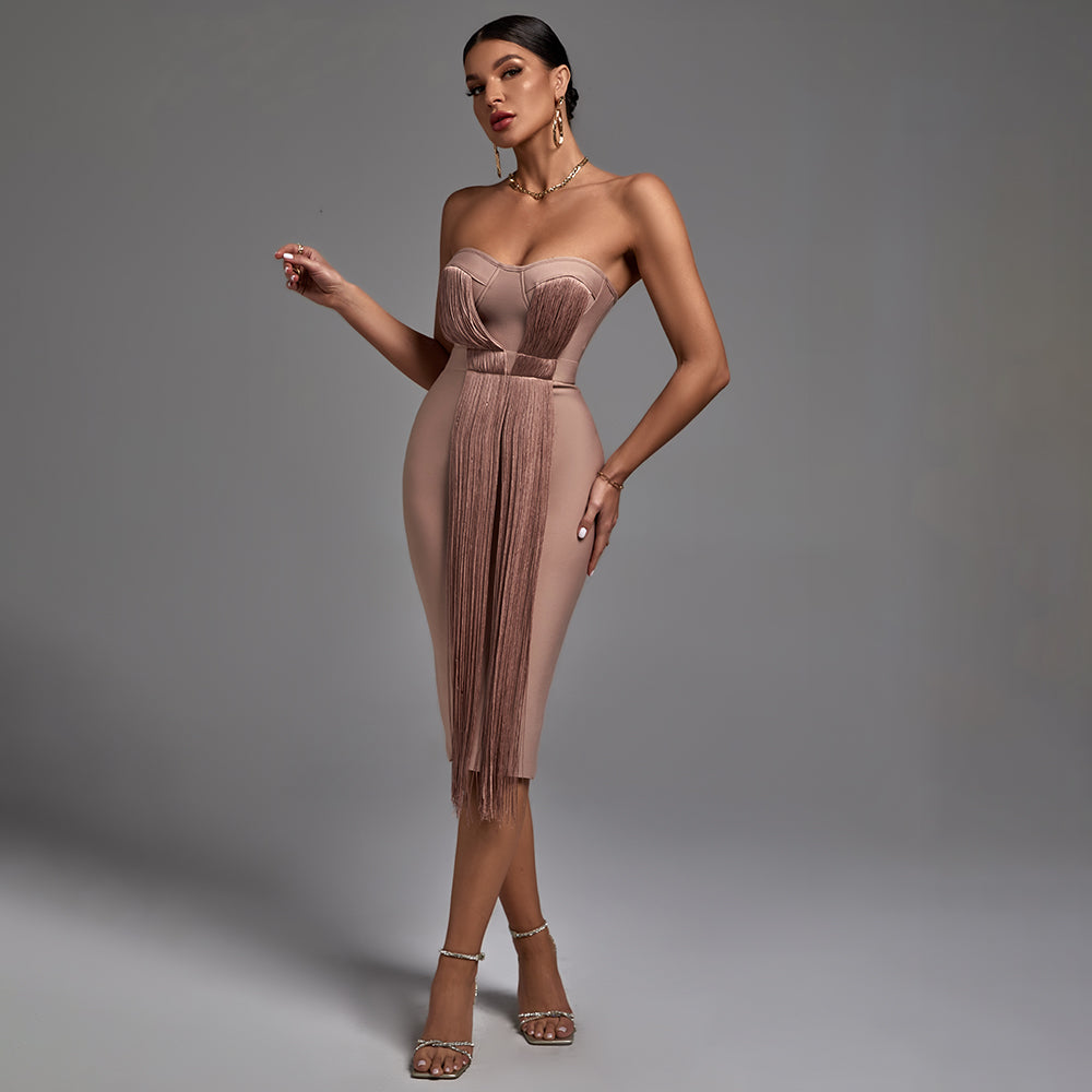 Inès Beaumont — Chic Strapless Midi Bandage Dress with Stylish Tassels, alternate view 4