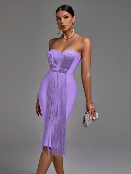 Chic Strapless Midi Bandage Dress with Stylish Tassels