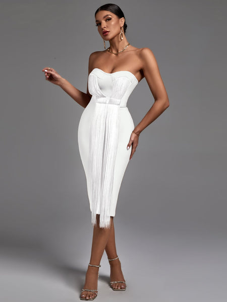 Chic Strapless Midi Bandage Dress with Stylish Tassels