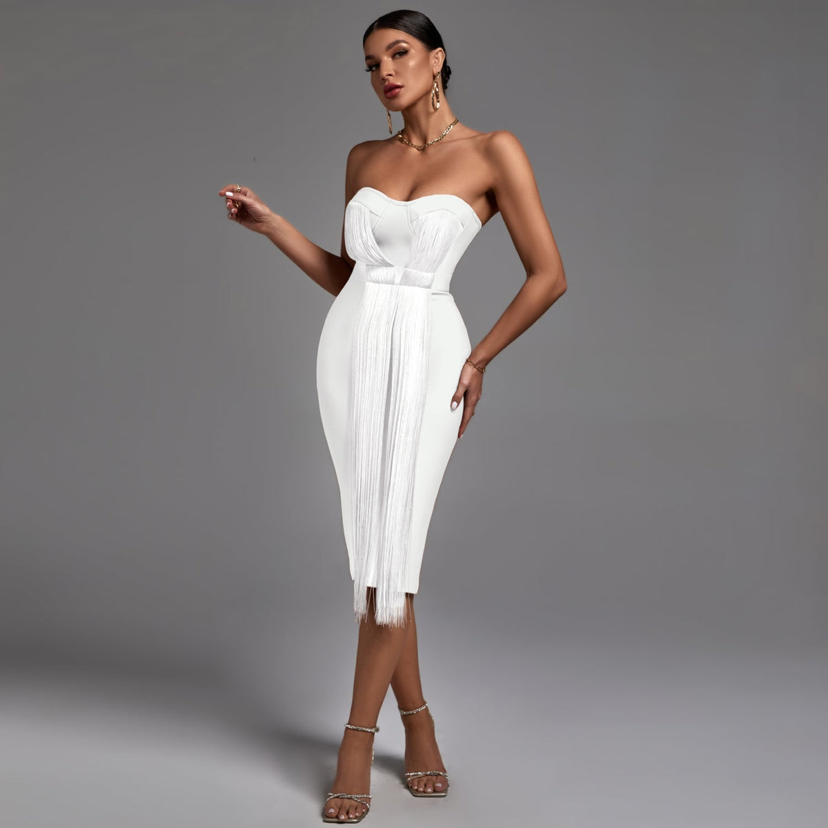 Inès Beaumont — Chic Strapless Midi Bandage Dress with Stylish Tassels, alternate view 7