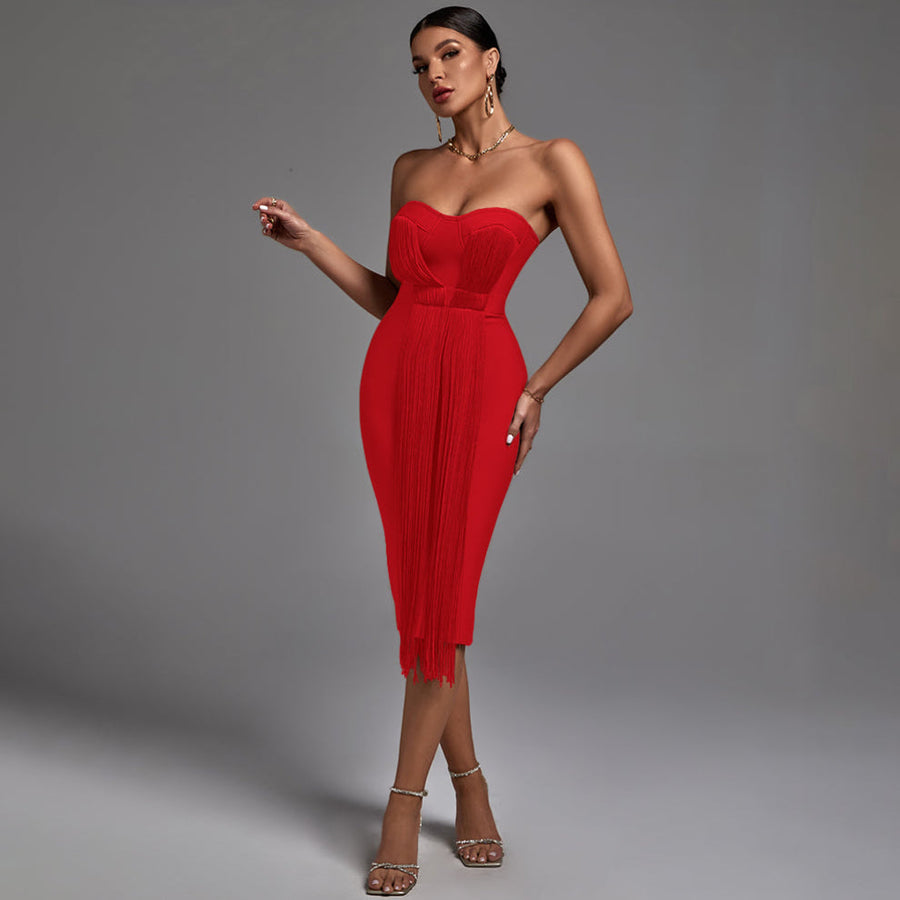 Chic Strapless Midi Bandage Dress with Stylish Tassels - Opulent Empire