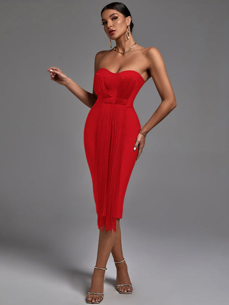 Chic Strapless Midi Bandage Dress with Stylish Tassels - Opulent Empire