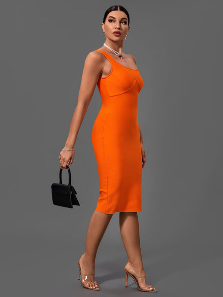 One Shoulder Sleeveless Asymmetrical Midi Bandage Dress