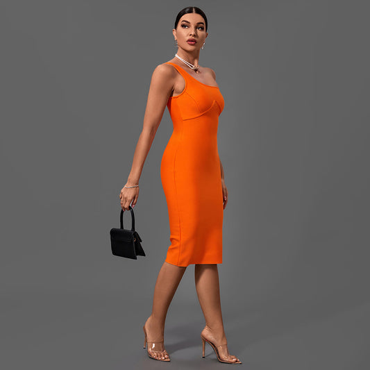 One Shoulder Sleeveless Asymmetrical Midi Bandage Dress - Opulent Empire