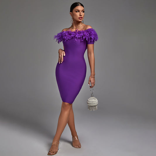 Chic Off-Shoulder Feather Midi Dress - Opulent Empire
