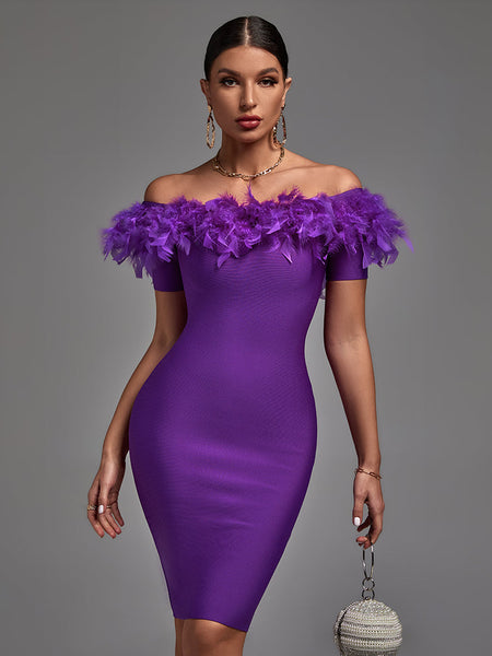 Chic Off-Shoulder Feather Midi Dress