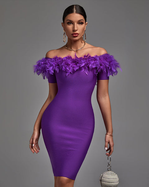 Chic Off-Shoulder Feather Midi Dress - Opulent Empire
