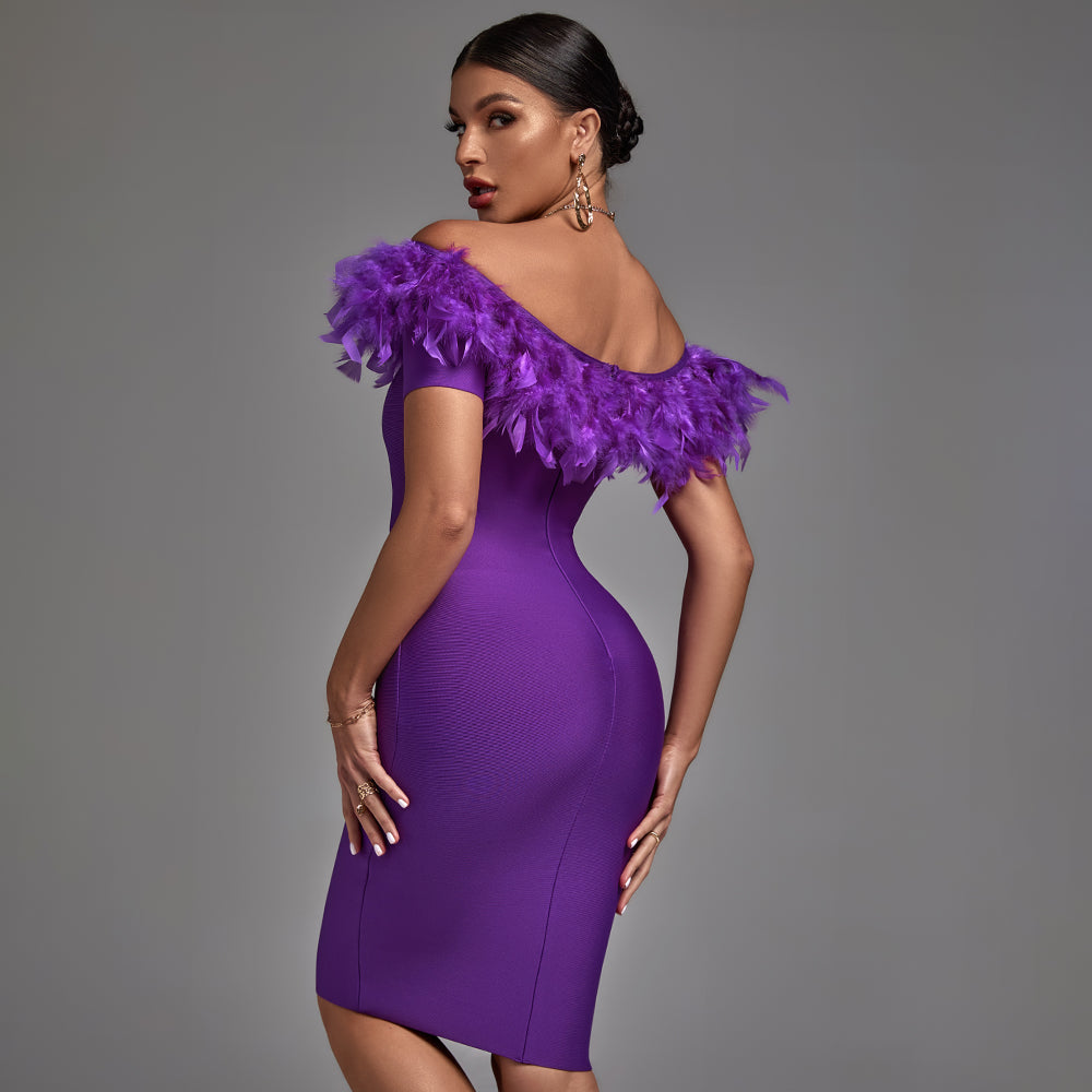 Heloise Beaumont — Chic Off-Shoulder Feather Midi Dress, alternate view 3