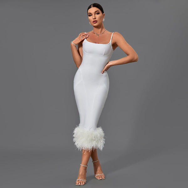 Chic Strappy Feather-Accented Midi Bandage Dress