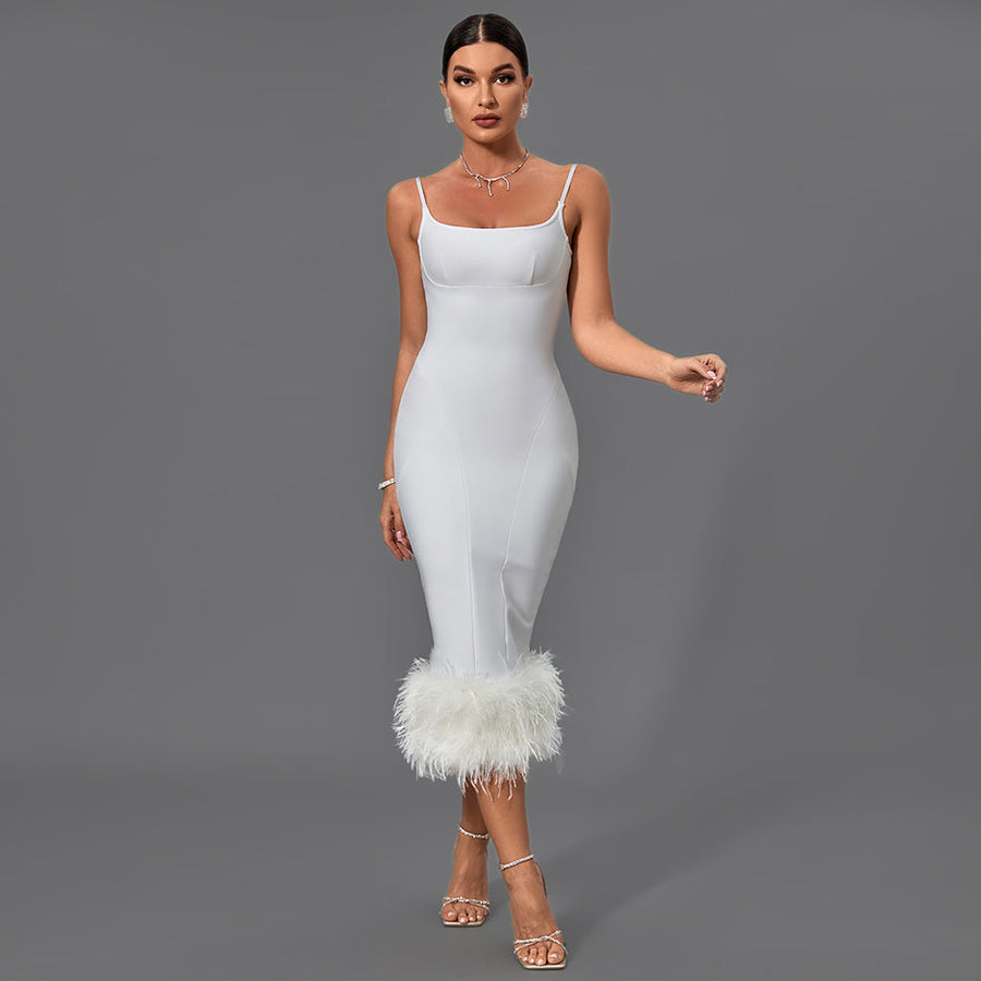 Chic Strappy Feather-Accented Midi Bandage Dress