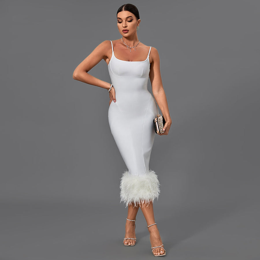 Chic Strappy Feather-Accented Midi Bandage Dress - Opulent Empire