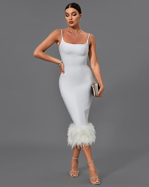 Chic Strappy Feather-Accented Midi Bandage Dress - Opulent Empire