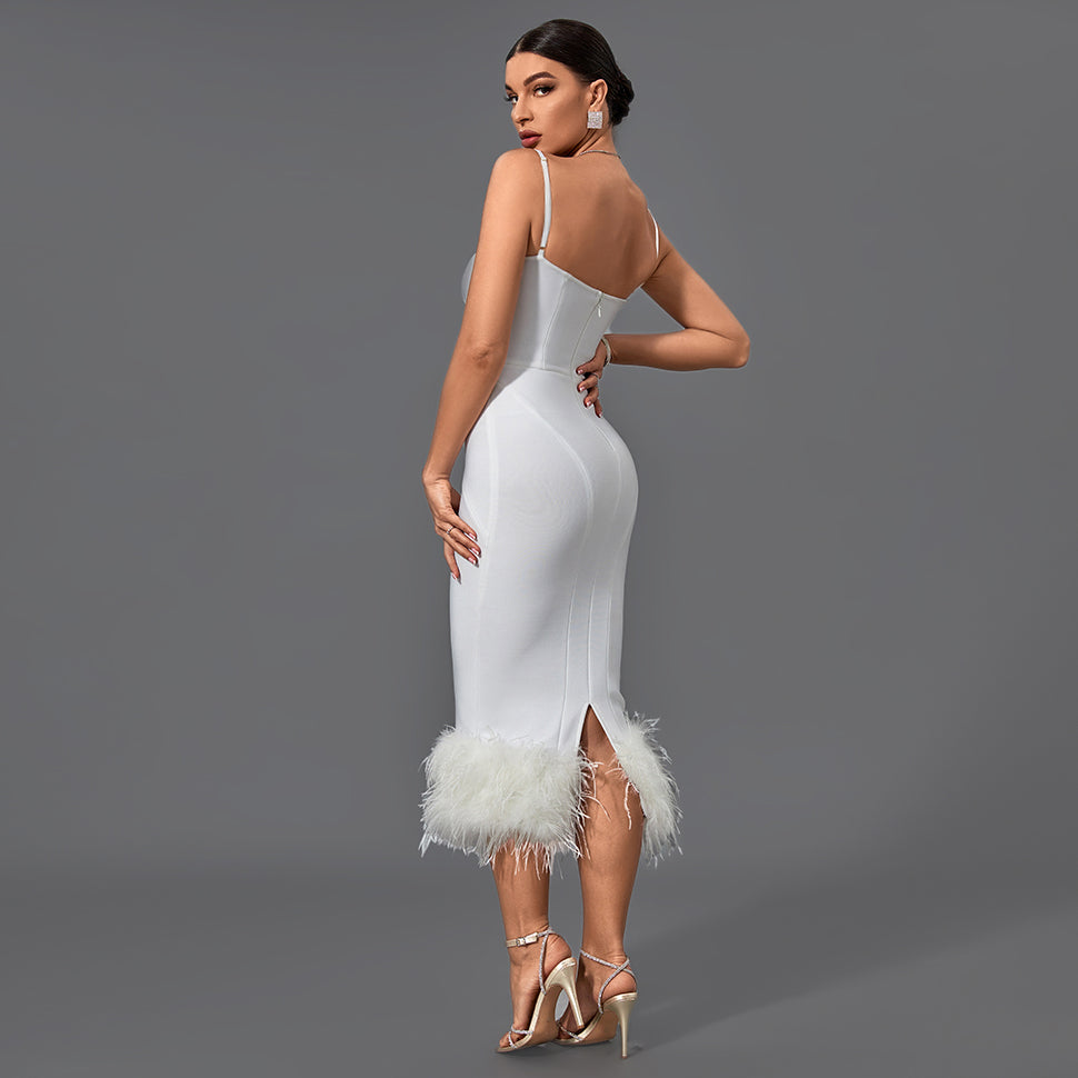 Chic Strappy Feather-Accented Midi Bandage Dress