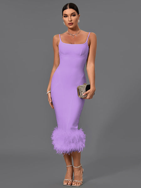 Chic Strappy Feather-Accented Midi Bandage Dress