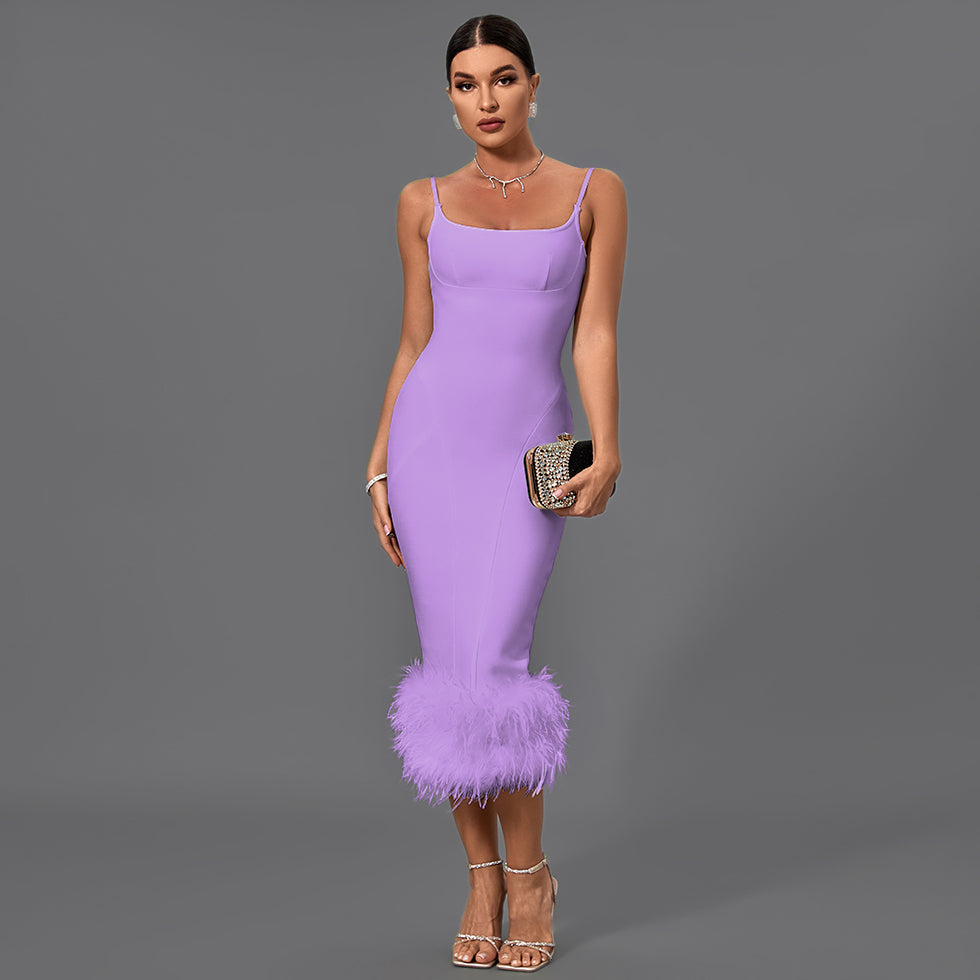 Marielle Beaumont — Chic Strappy Feather-Accented Midi Bandage Dress, alternate view 8