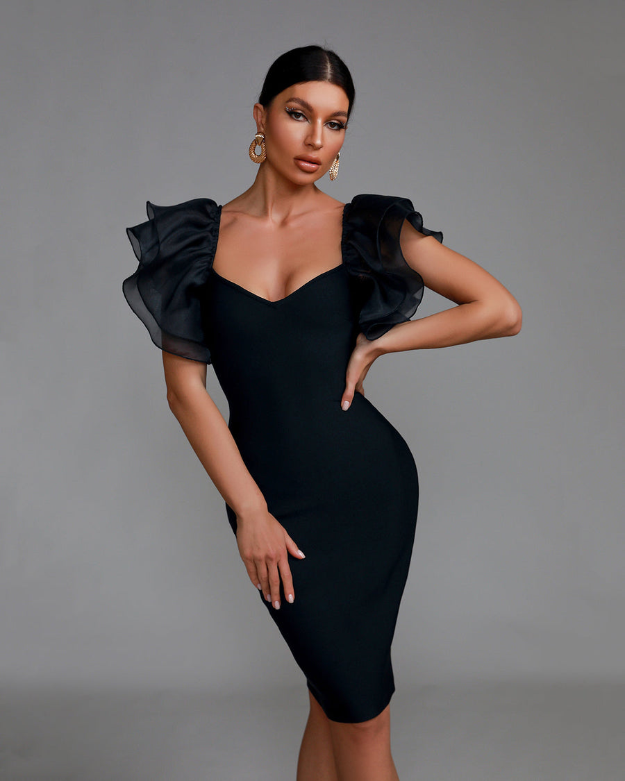 Klara Beaumont — Chic Puff Sleeve Tulle Bandage Midi Dress, alternate view 2