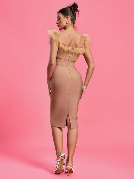 Chiffon Ruched Neck Midi Bandage Dress