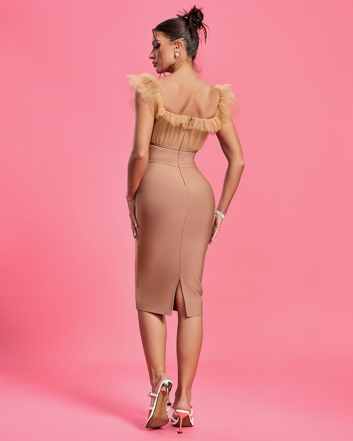 Amélie Beaumont — Chiffon Ruched Neck Midi Bandage Dress, alternate view 3
