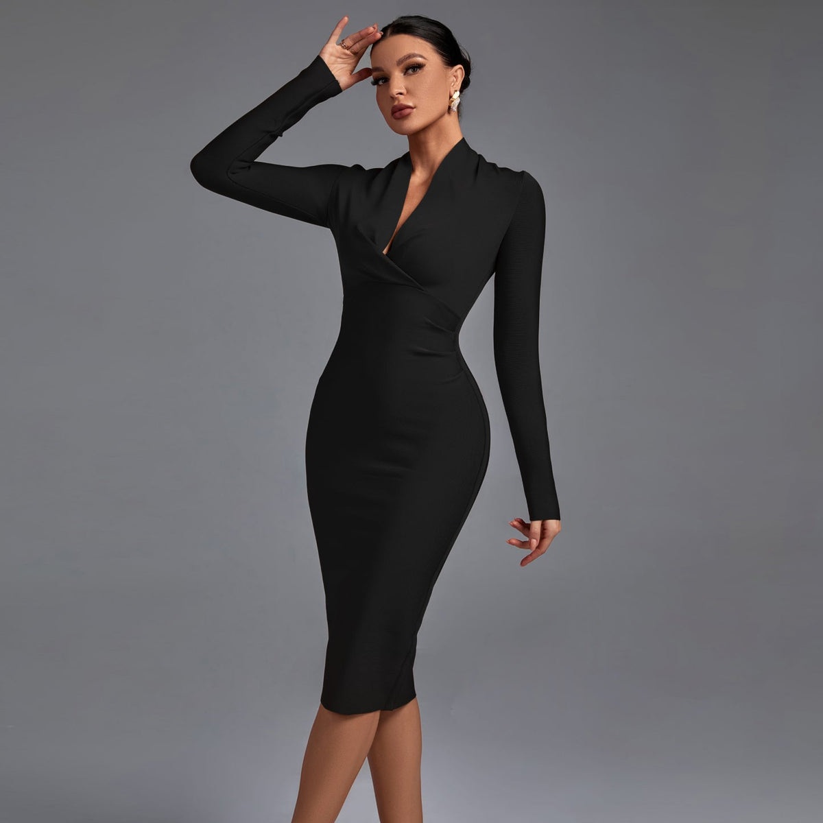 Selene Beaumont — Chic V-Neck Long Sleeve Bodycon Dress