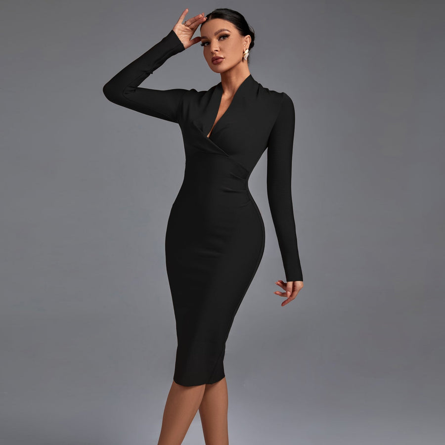 Selene Beaumont — Chic V-Neck Long Sleeve Bodycon Dress