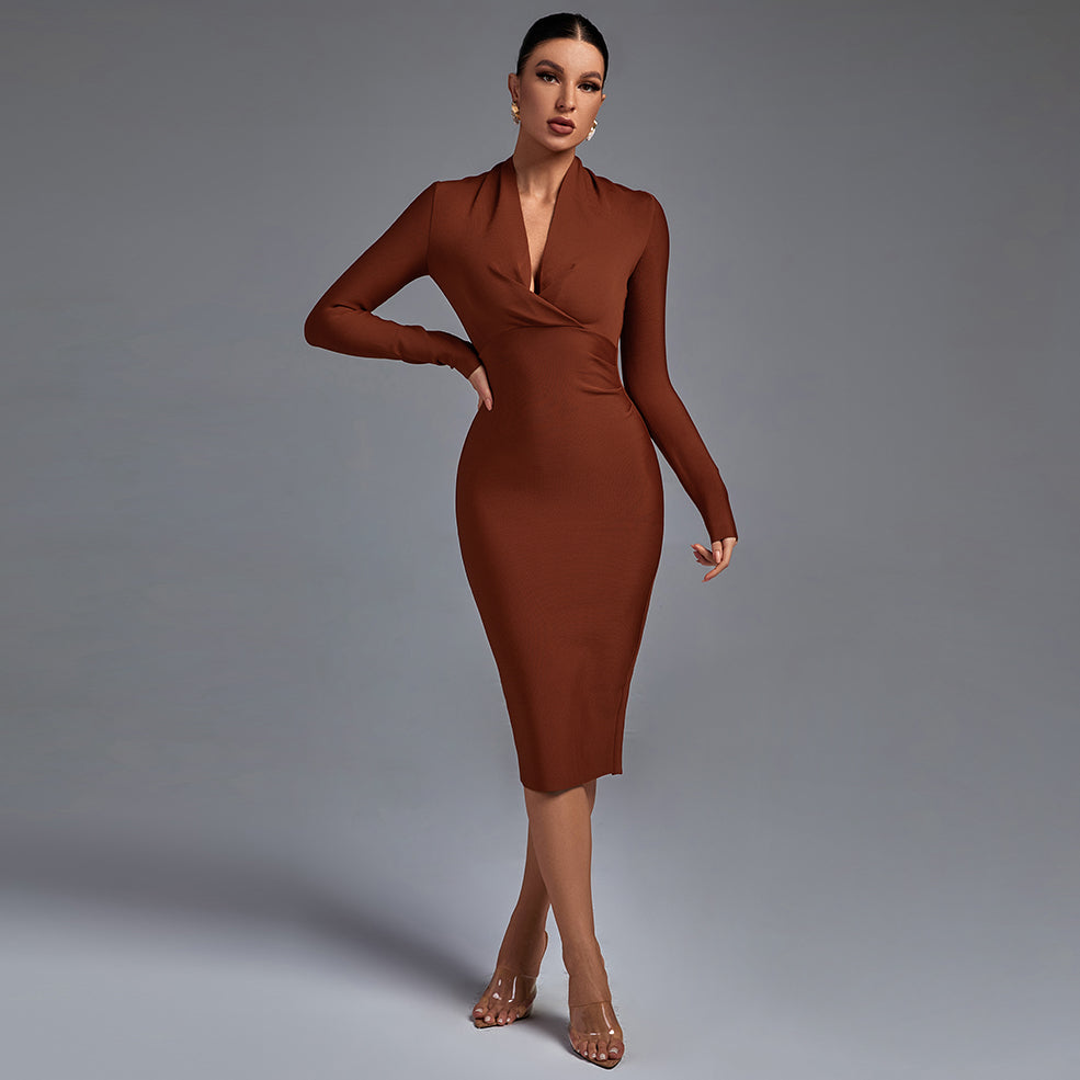 Selene Beaumont — Chic V-Neck Long Sleeve Bodycon Dress, alternate view 2