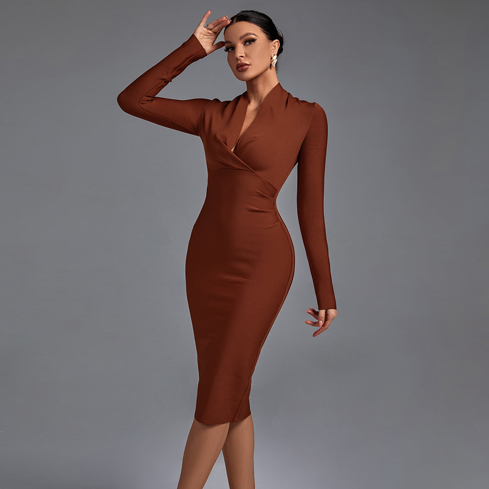 Selene Beaumont — Chic V-Neck Long Sleeve Bodycon Dress, alternate view 8