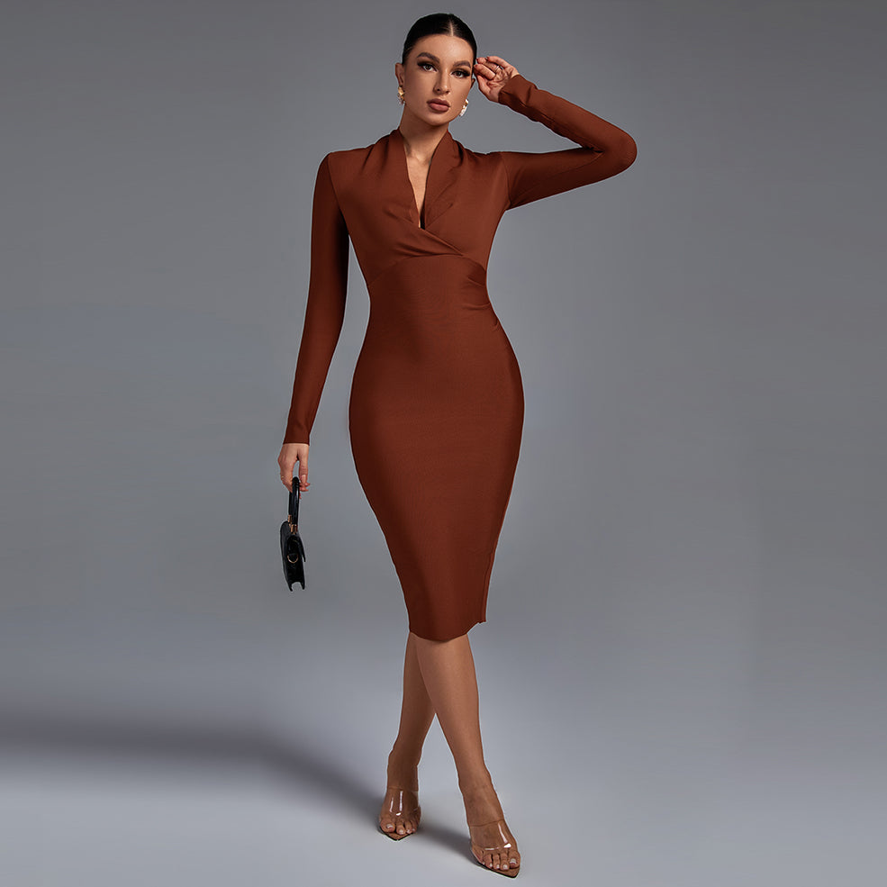 Selene Beaumont — Chic V-Neck Long Sleeve Bodycon Dress, alternate view 4