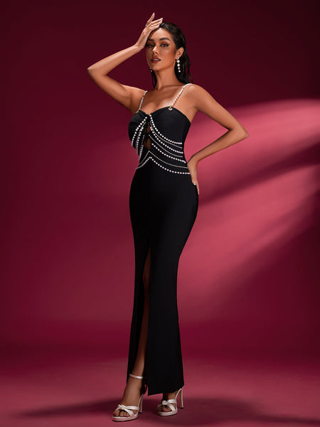 Pearl Chain Strap Cutout Bandage Dress - Opulent Empire