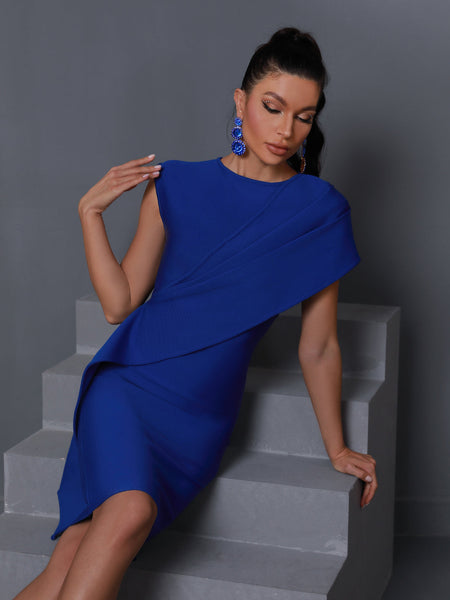 Elegant Ruffle Draped Bandage Dress with Crewneck Design