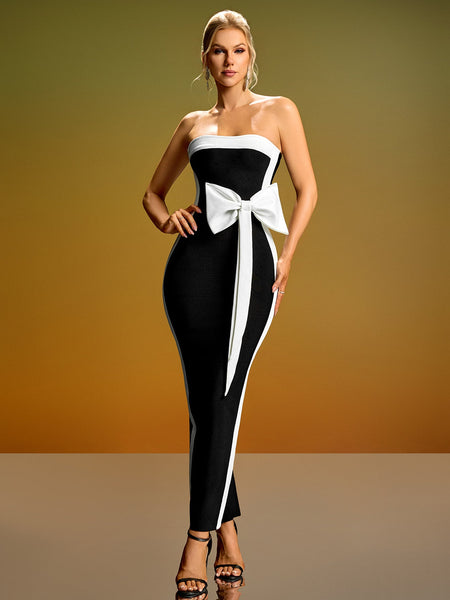 White-Bow Wide Stripe Bandage Dress