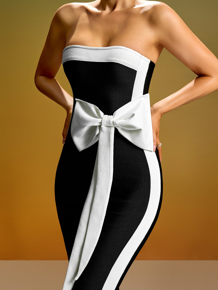 White-Bow Wide Stripe Bandage Dress