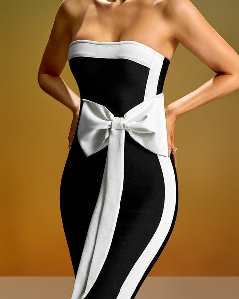 White-Bow Wide Stripe Bandage Dress