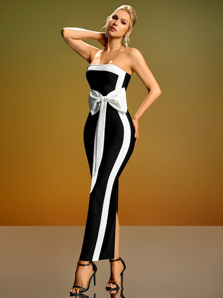 White-Bow Wide Stripe Bandage Dress